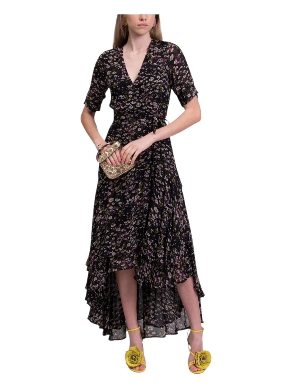 GANNI Crepe Wrap Dress EU34 US4 S Floral Print Asymmetric V-Neck NWT